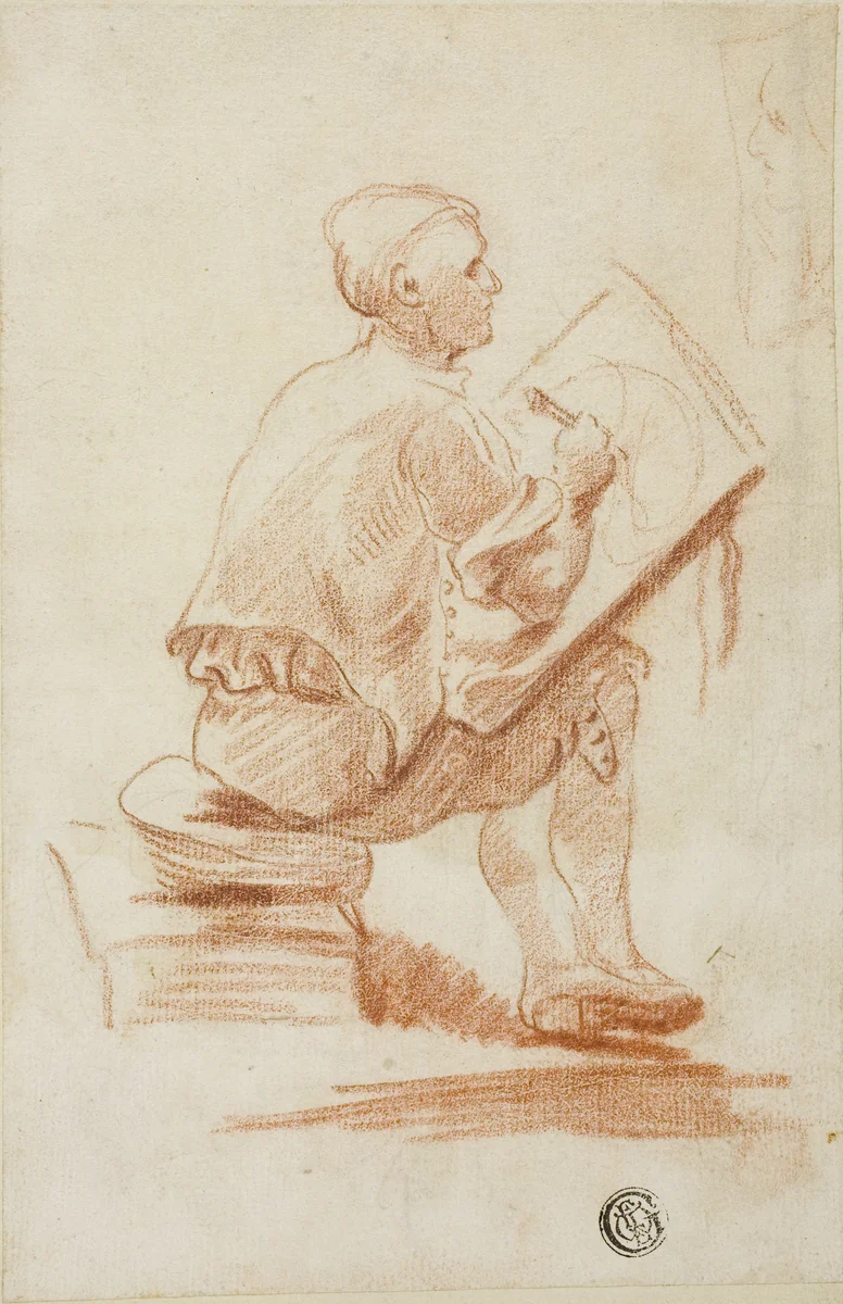 Man Seated on Stool by Unknown Artist, drawing, 1700-1799