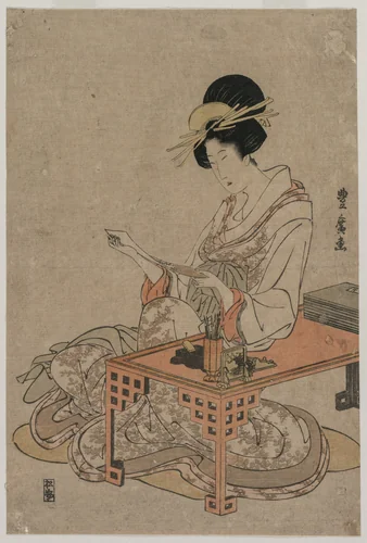 Courtesan Seated at a Writing Table by Utagawa Toyohiro (歌川豊広), print, 1797-1799