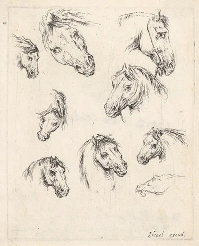 Plate 17: nine studies of horse heads, from "Various heads and figures" (Diverses têtes et figures) by Stefano della Bella, print, 1650
