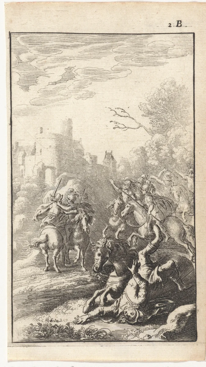 Gevecht tussen soldaten te paard by Abraham Dircksz. Santvoort, print, 1666