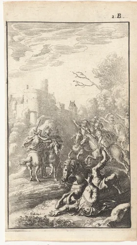 Gevecht tussen soldaten te paard by Abraham Dircksz. Santvoort, print, 1666
