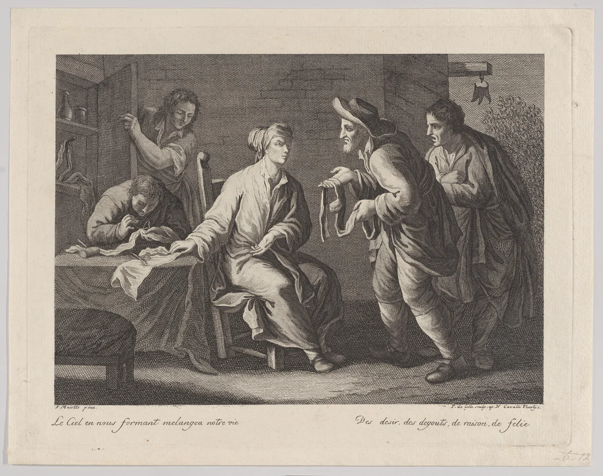 Scene with tailors and beggars by Pellegrino dal Colle, print, 1757-1812