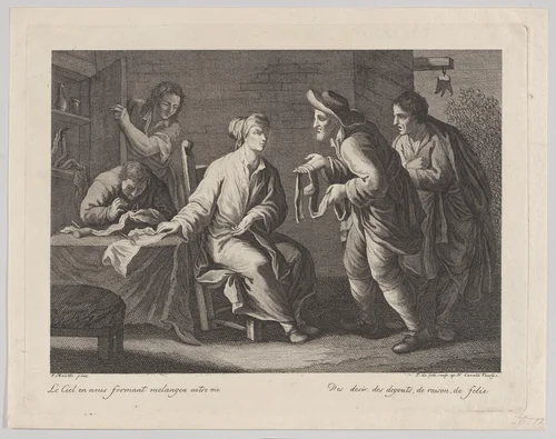 Scene with tailors and beggars by Pellegrino dal Colle, print, 1757-1812
