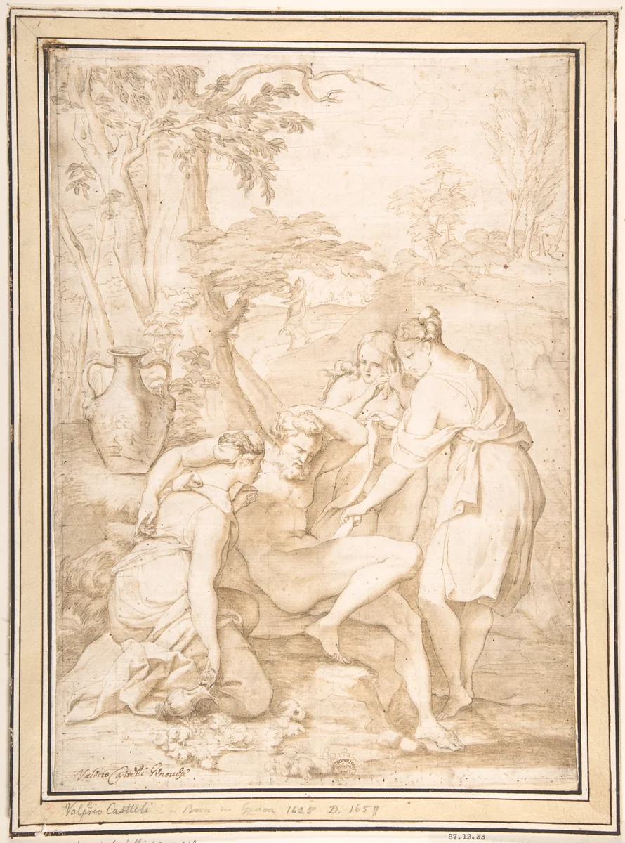 Lot and His Daughters (?) by anonymous, drawing, 1600-1700