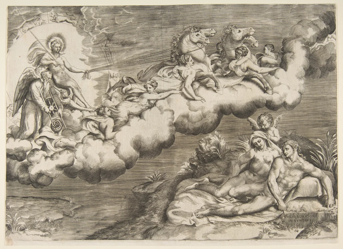 An allegory of the rising sun, a naked man wearing a shroud and accompanied Father Time is being drawn by horses by Giulio Bonasone, print, 1531-1576