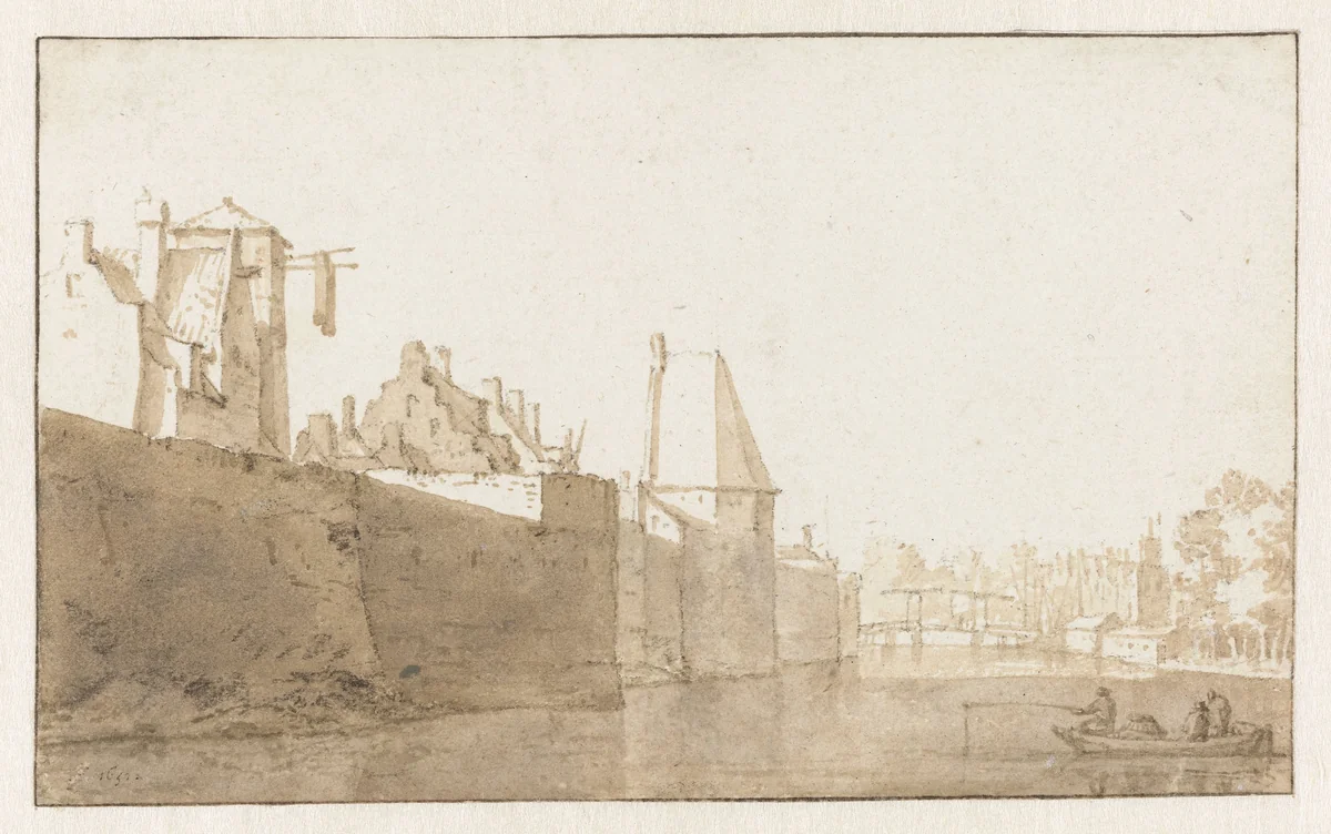 Gezicht op de stadsmuur van Leiden by Jan de Bisschop, drawing, 1651-1652