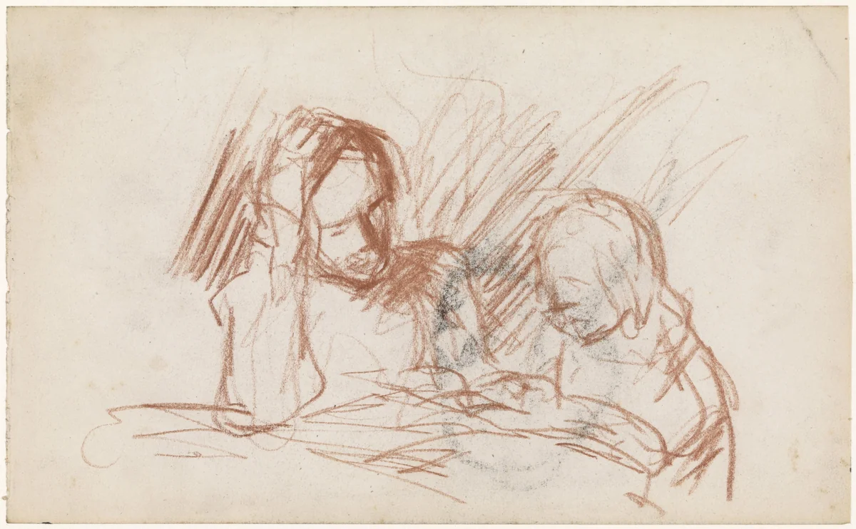 Schets van twee lezende meisjes aan een tafel by Jakob Smits, drawing, 1865-1928