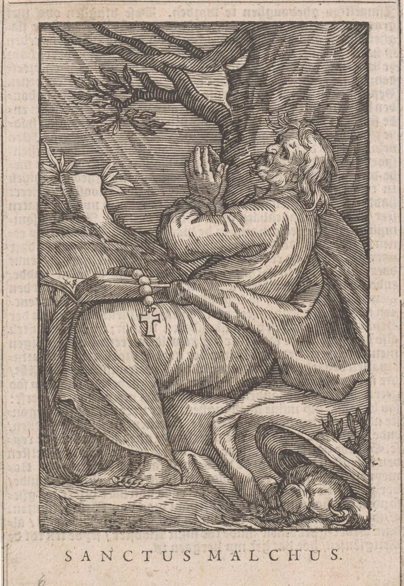 Heilige Malchus van Chalcis als kluizenaar by Christoffel van Sichem, print, 1644