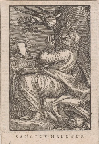 Heilige Malchus van Chalcis als kluizenaar by Christoffel van Sichem, print, 1644