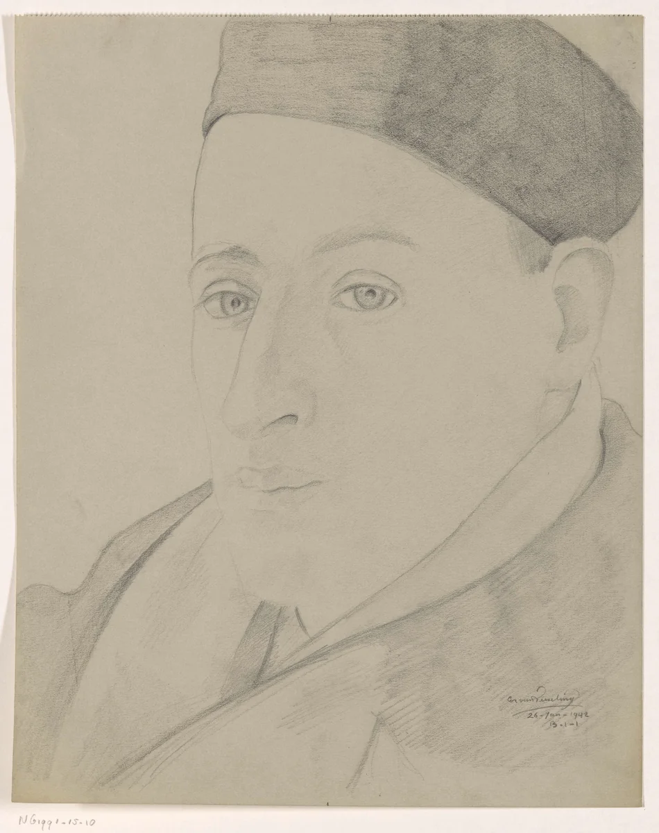 Zelfportret met pet: B-1-1, 26 januari by Cor van Teeseling, drawing, 1942