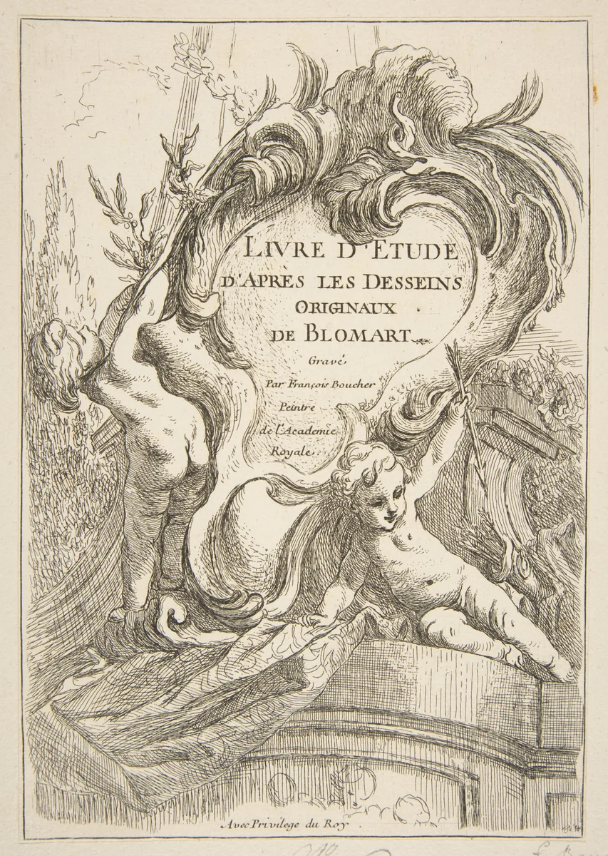 Title Page, from "Livre d’étude d’après les desseins originaux de Blomart" by François Boucher, print, 1735