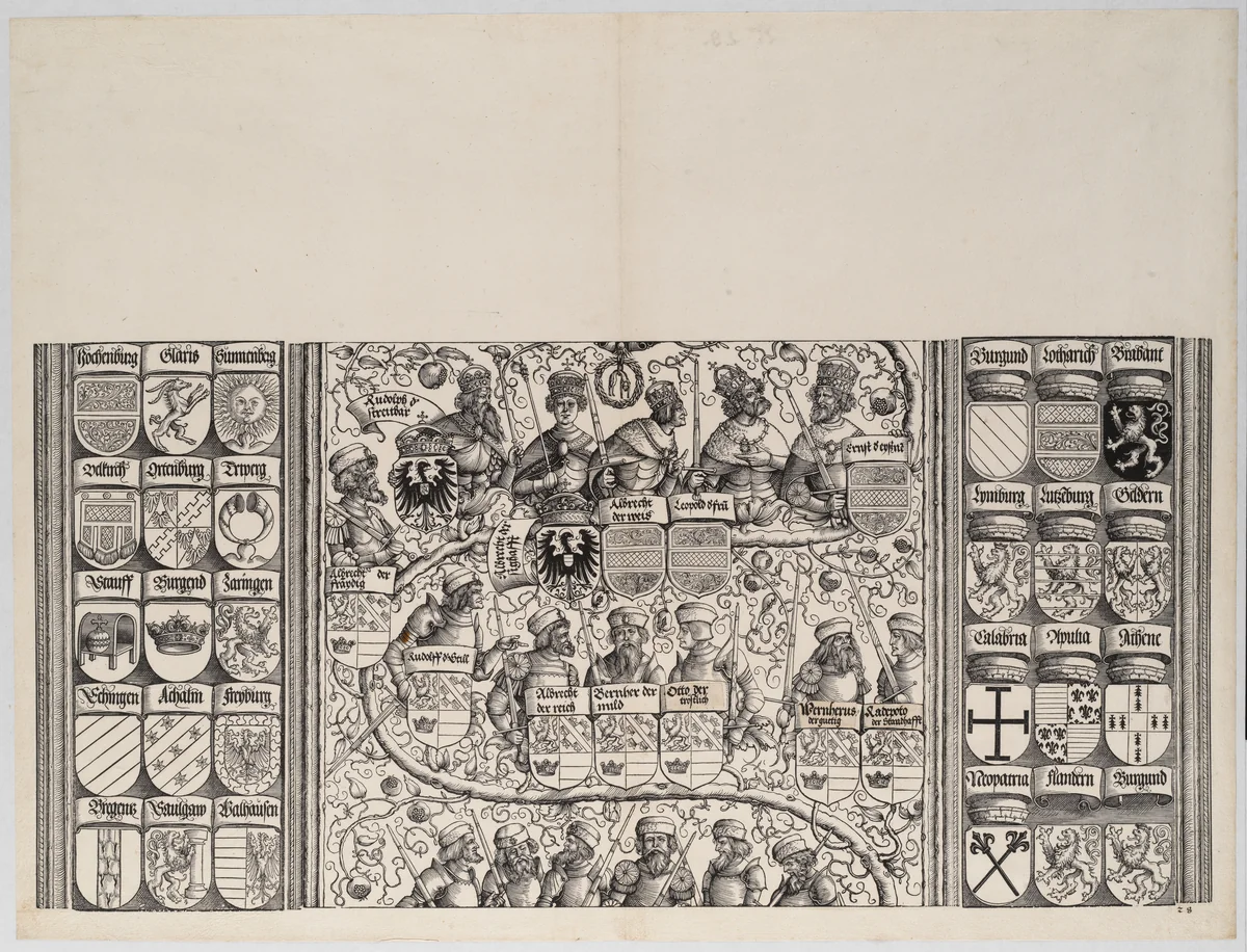 The Middle Portion of the Genealogy of Maximilian, from the Arch of Honor, proof, dated 1515, printed 1517-18 by Hans Springinklee, print, 1515-1517
