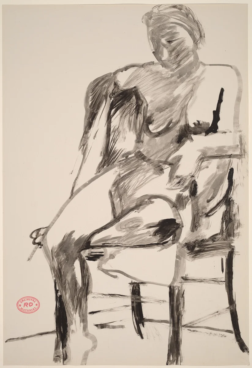 Untitled [seated female nude with right arm over chair back] by Richard Diebenkorn, drawing, 1955-1967