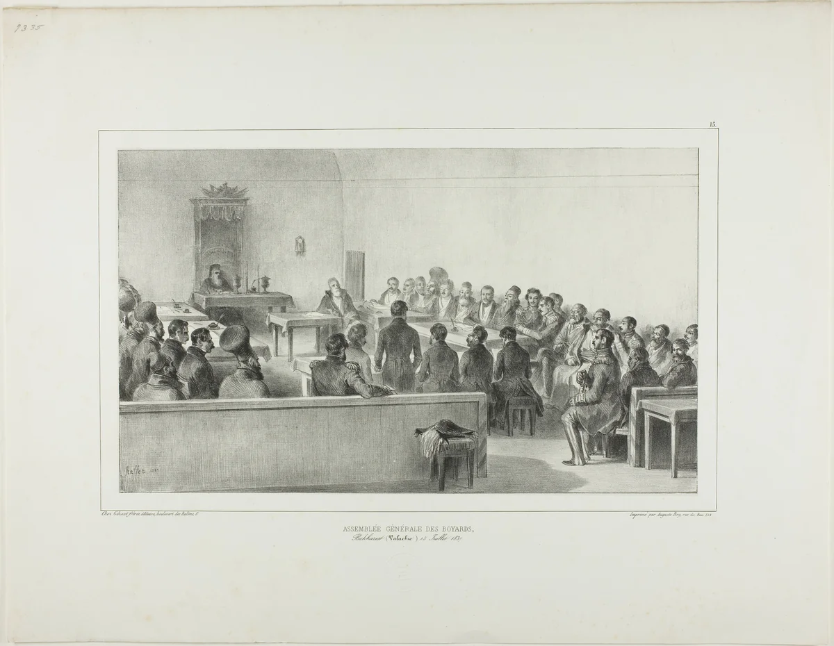 General Assembly of the Boyards, Bucharest, Wallachia, July 15, 1837 by Denis Auguste Marie Raffet, print, 1839