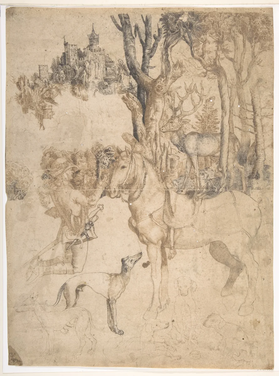 The Vision of Saint Eustace by anonymous, drawing, 1500-1600