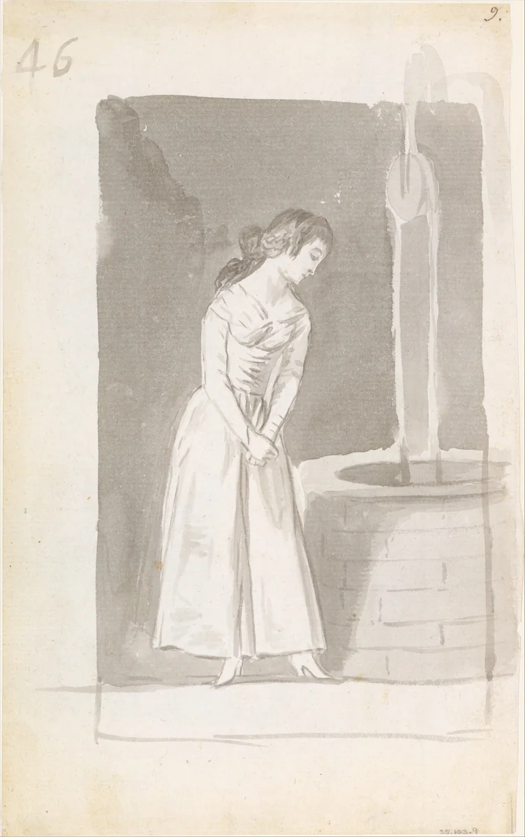 A young woman looking into a well; folio 46 (verso) from the Madrid Album "B" by Goya, drawing, 1795-1797