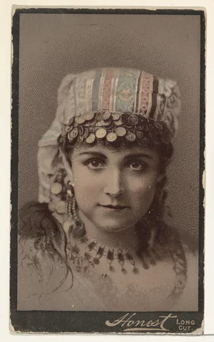 Actress wearing ornate cloth headpiece decorated with dangling coins, from Stars of the Stage, Third Series (N131) issued by Duke Sons & Co. to promote Honest Long Cut Tobacco by W. Duke, Sons & Co., print, 1891-1892