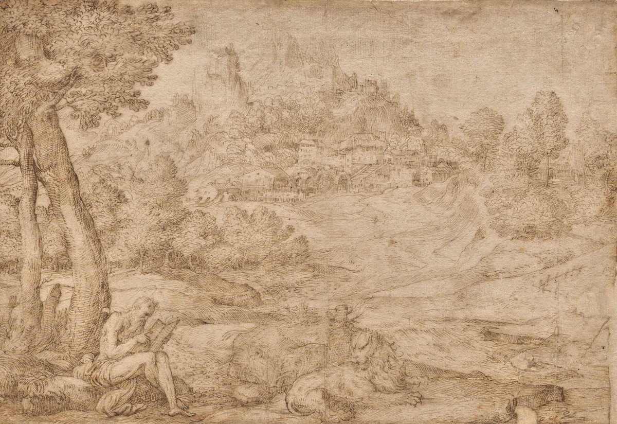Saint Jerome in a Landscape by Domenico Campagnola, drawing, 1525-1535