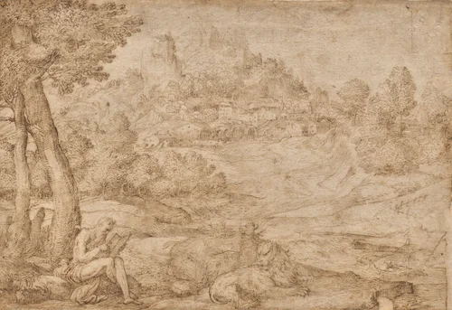 Saint Jerome in a Landscape by Domenico Campagnola, drawing, 1525-1535