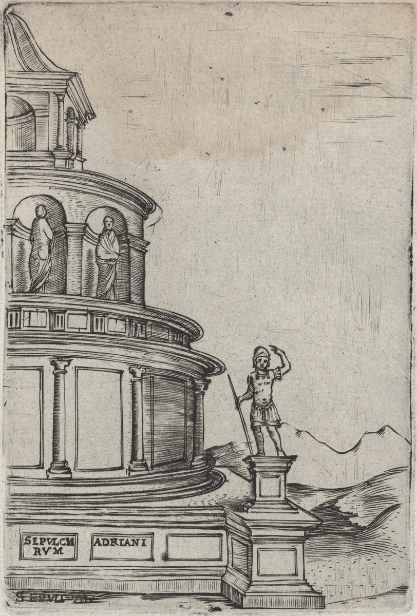 Sepulchrum (sic) Adriani, from a Series of 24 Depicting (Reconstructed) Buildings from Roman Antiquity by anonymous, print, 1530-1550