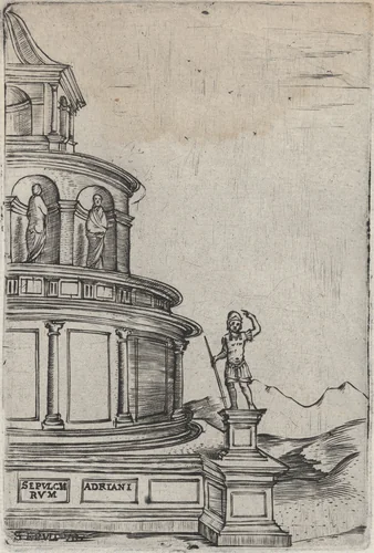 Sepulchrum (sic) Adriani, from a Series of 24 Depicting (Reconstructed) Buildings from Roman Antiquity by anonymous, print, 1530-1550
