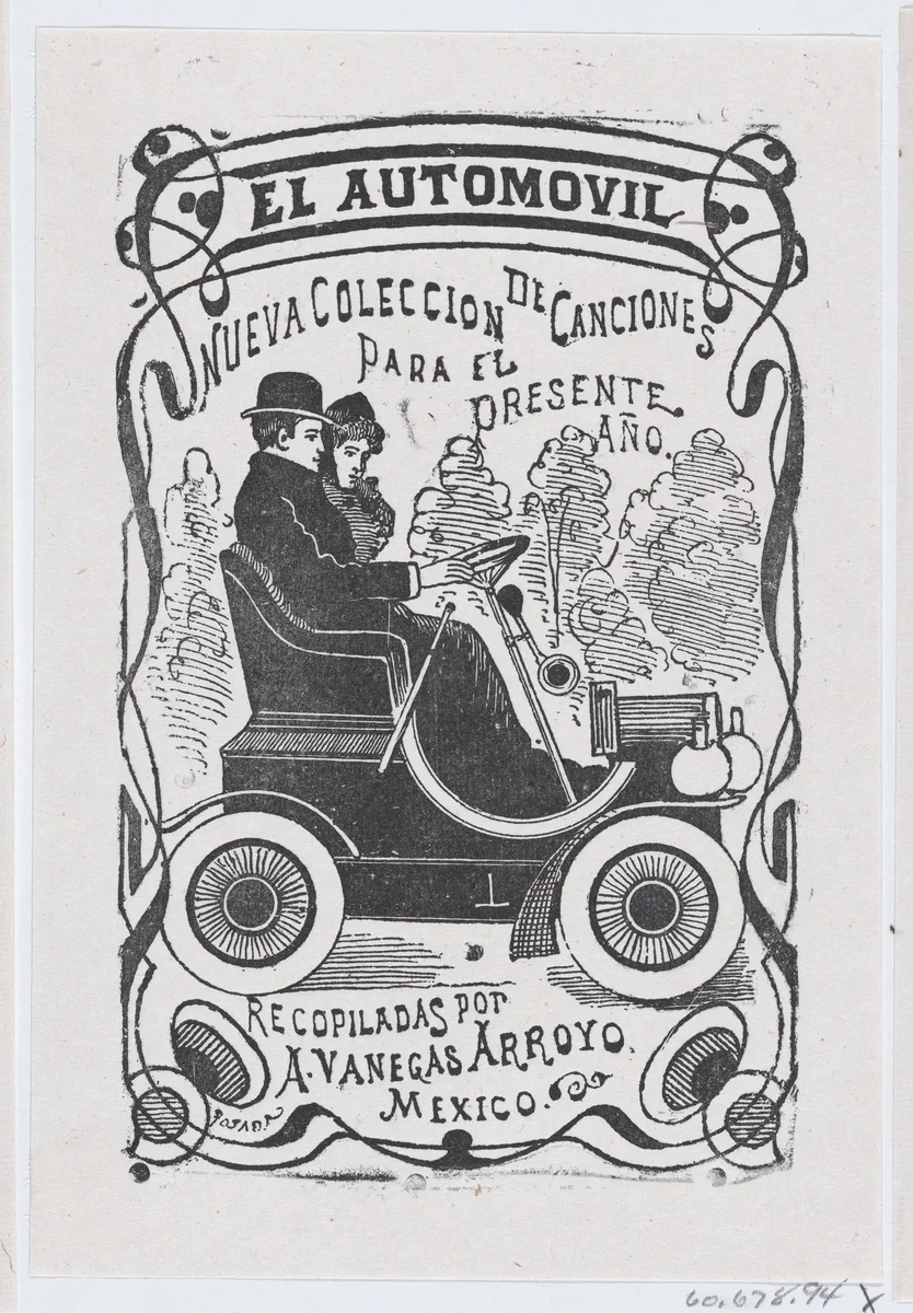 A couple sitting in an automobile, illustration for ' El Automóvil,' publisbed by Antonio Vanegas Arroyo by José Guadalupe Posada, print, 1880-1910