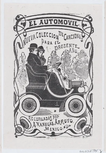 A couple sitting in an automobile, illustration for ' El Automóvil,' publisbed by Antonio Vanegas Arroyo by José Guadalupe Posada, print, 1880-1910