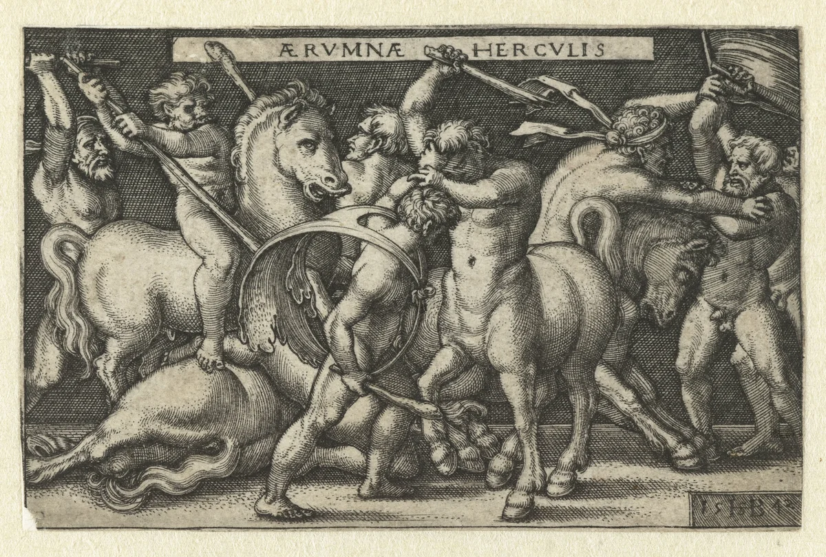 Hercules in gevecht met centaurs by Unknown, print, 1542