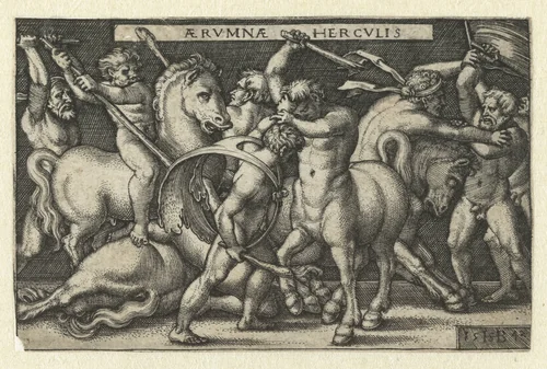 Hercules in gevecht met centaurs by Unknown, print, 1542
