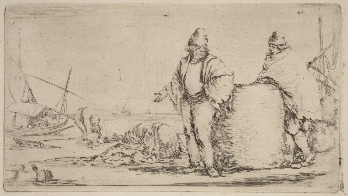 Two Sailors Standing near a Large Bale of Merchandise by Stefano della Bella, print, 1610-1664