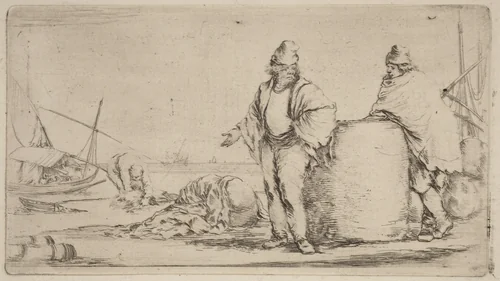 Two Sailors Standing near a Large Bale of Merchandise by Stefano della Bella, print, 1610-1664