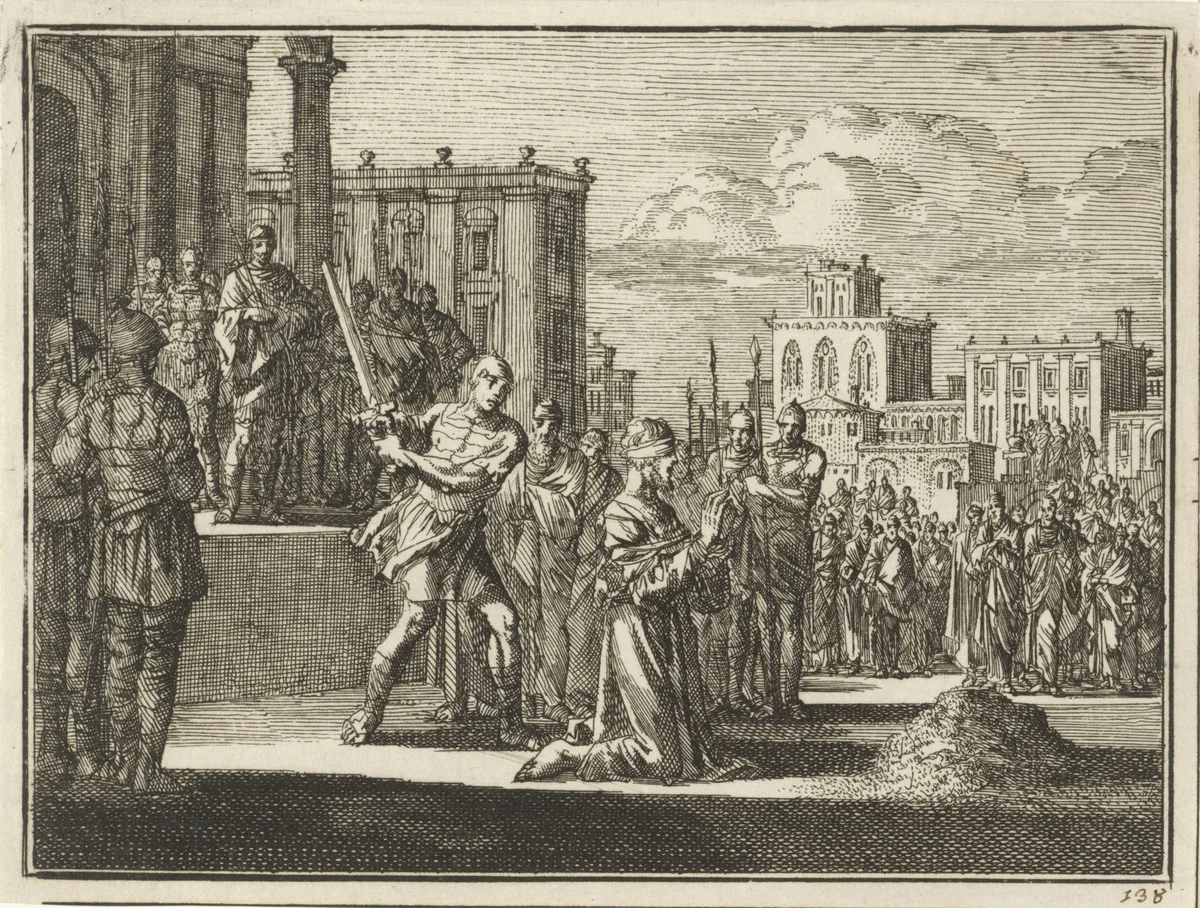 Onthoofding van Jakobus de Meerdere by Jan Luyken, print, 1712