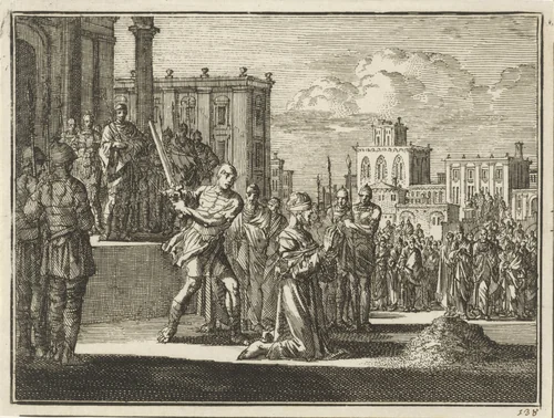 Onthoofding van Jakobus de Meerdere by Jan Luyken, print, 1712