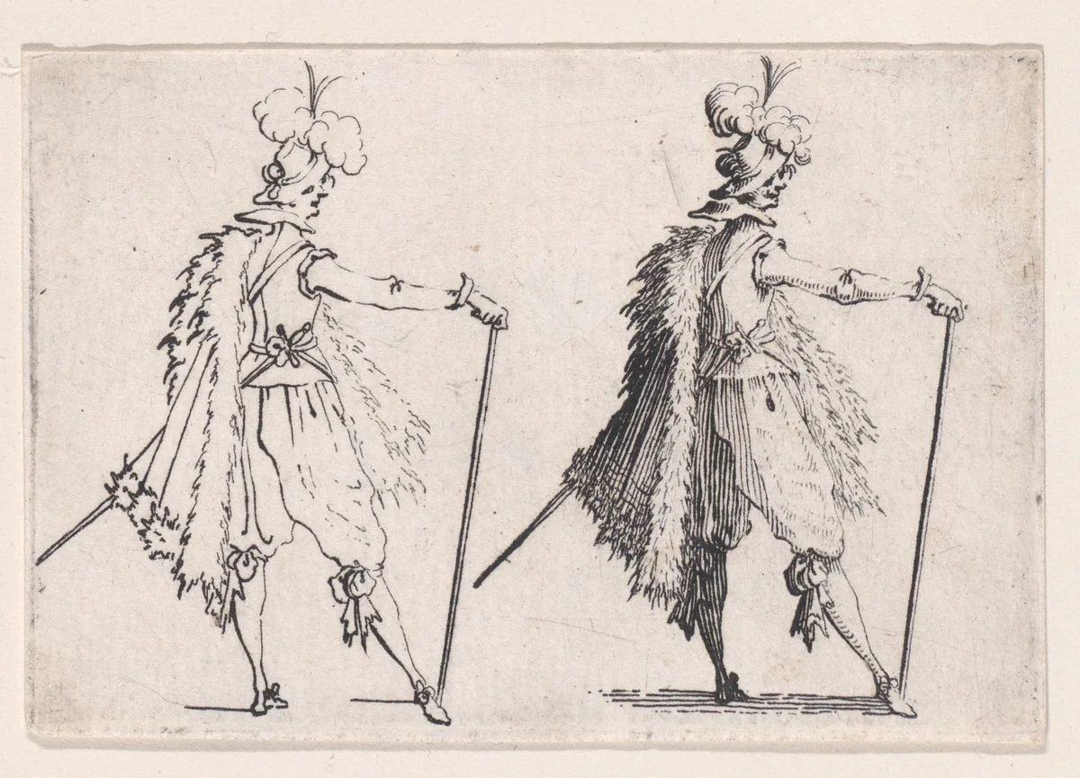Le Gentilhomme a la Grande Canne (The Gentleman with the Large Cane), from "Les Caprices" Series A, The Florence Set by Jacques Callot, print, 1617