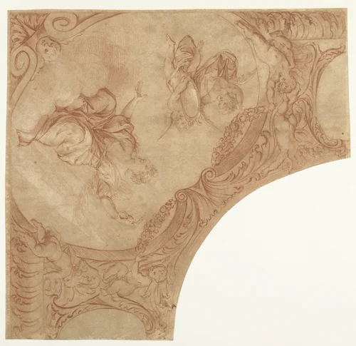 Ontwerp voor een hoekstuk van plafond met personificatie van de Voorzichtigheid by Mattheus Terwesten, drawing, 1680-1757
