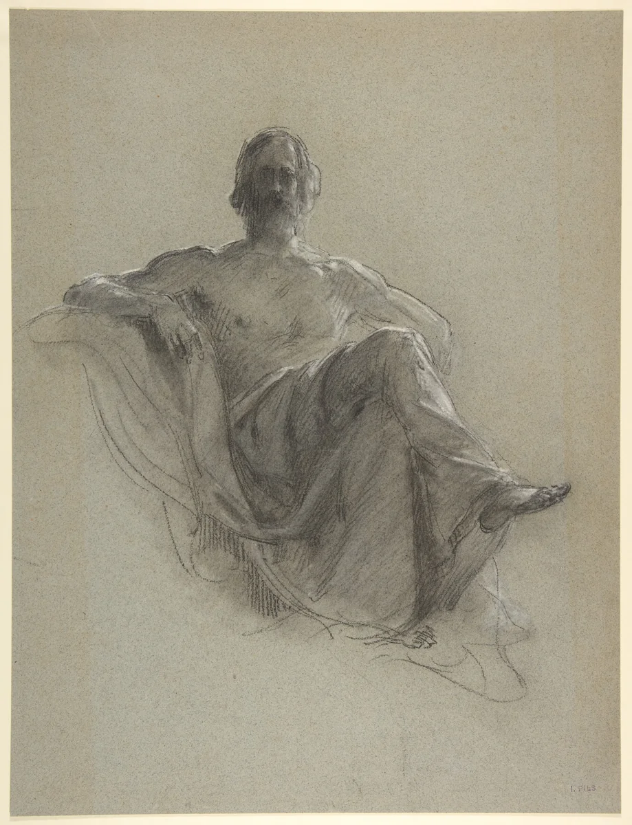 Seated Bearded Man, Nude to the Waist (Jupiter Seated) by Isidore Pils, drawing, 1825-1875
