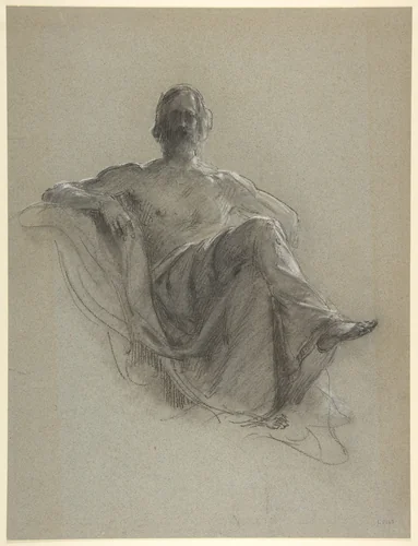 Seated Bearded Man, Nude to the Waist (Jupiter Seated) by Isidore Pils, drawing, 1825-1875