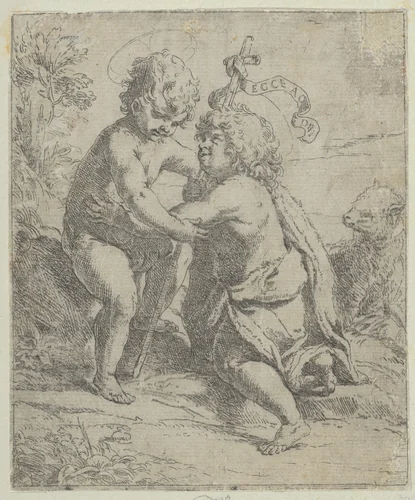 The young Saint John the Baptist kneeling before the young Christ who embraces him, a lamb at right by Guido Reni, print, 1595-1645