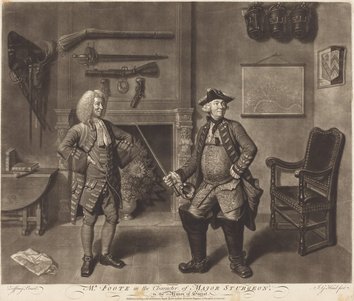 Mr. Foote in the Character of Major Sturgeon, in the Mayor of Garrat by Johann Gottfried Haid, print, 1710-1776