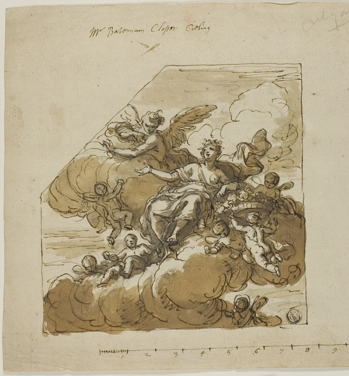 Flora Design for Closet Ceiling (left) and Statue of Apollo Design for Blank Niche (right), for Bateman House, London by James Thornhill, drawing, 1716-1725