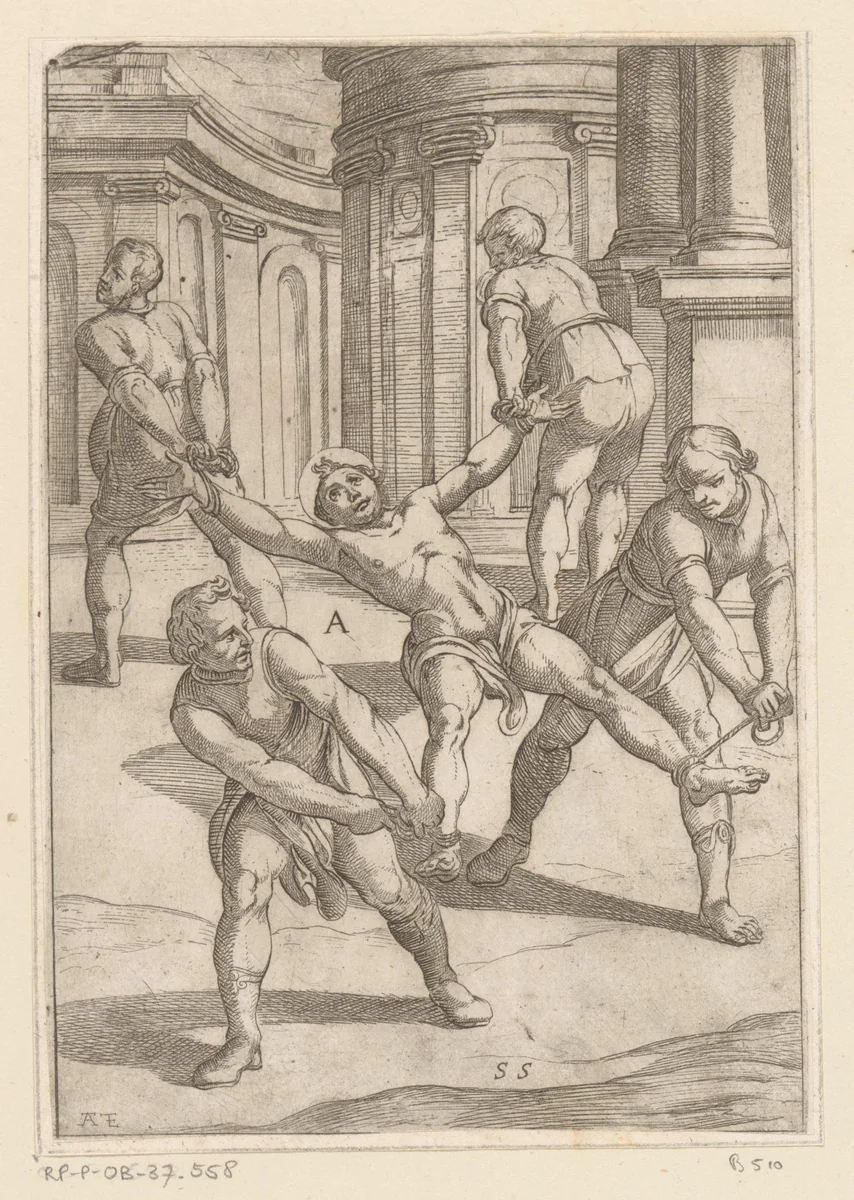 Vier mannen trekken aan ledematen van heilige by Antonio Tempesta, print, 1565-1630