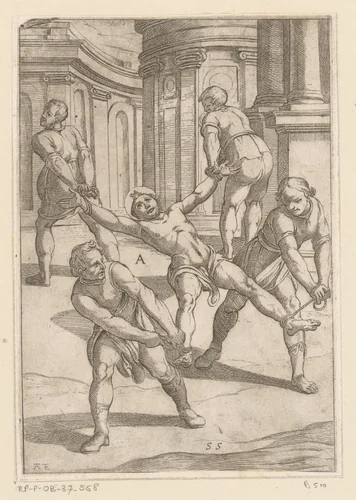 Vier mannen trekken aan ledematen van heilige by Antonio Tempesta, print, 1565-1630