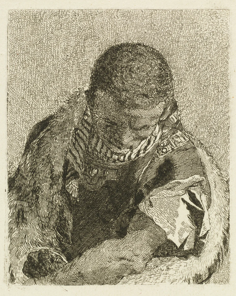 Head of a Moor Bending Forward by Giovanni Domenico Tiepolo, print, 1770