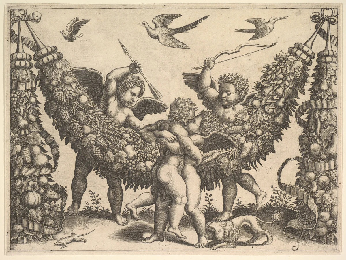 Four putti, two embracing in front of a large garland, two behind, the one at left holding an arrow, the one at right a bow, from a series of tapestries made for Leo X by Master of the Die, print, 1530-1540