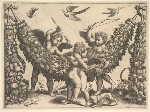 Four putti, two embracing in front of a large garland, two behind, the one at left holding an arrow, the one at right a bow, from a series of tapestries made for Leo X by Master of the Die, print, 1530-1540