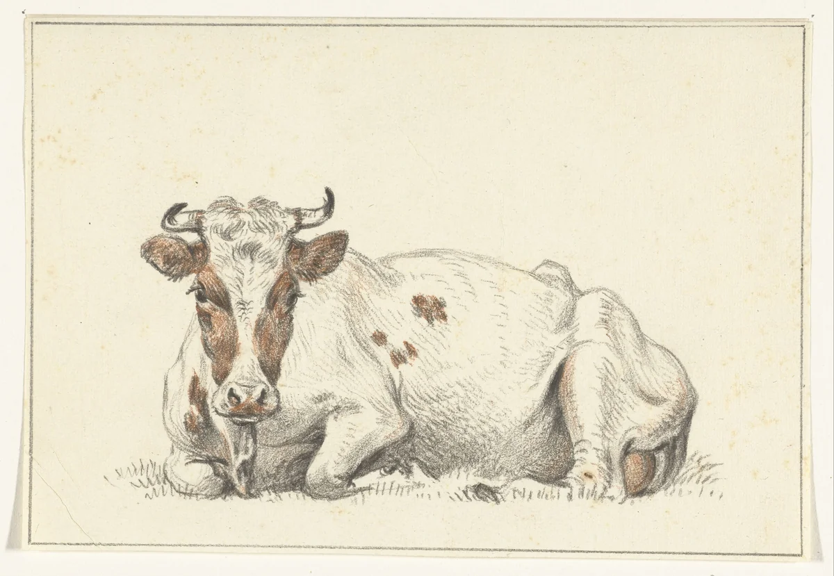 Liggende koe, naar links by Jean Bernard, drawing, 1775-1833