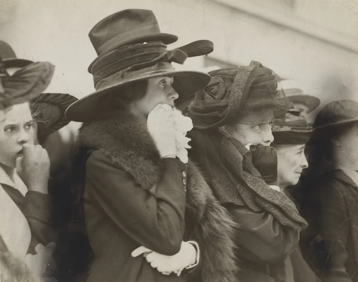 Mother, Wife, and Sweetheart Watching Boys of the Seventh Regimen as They Marched Away to War by Underwood and Underwood, photograph, 1917