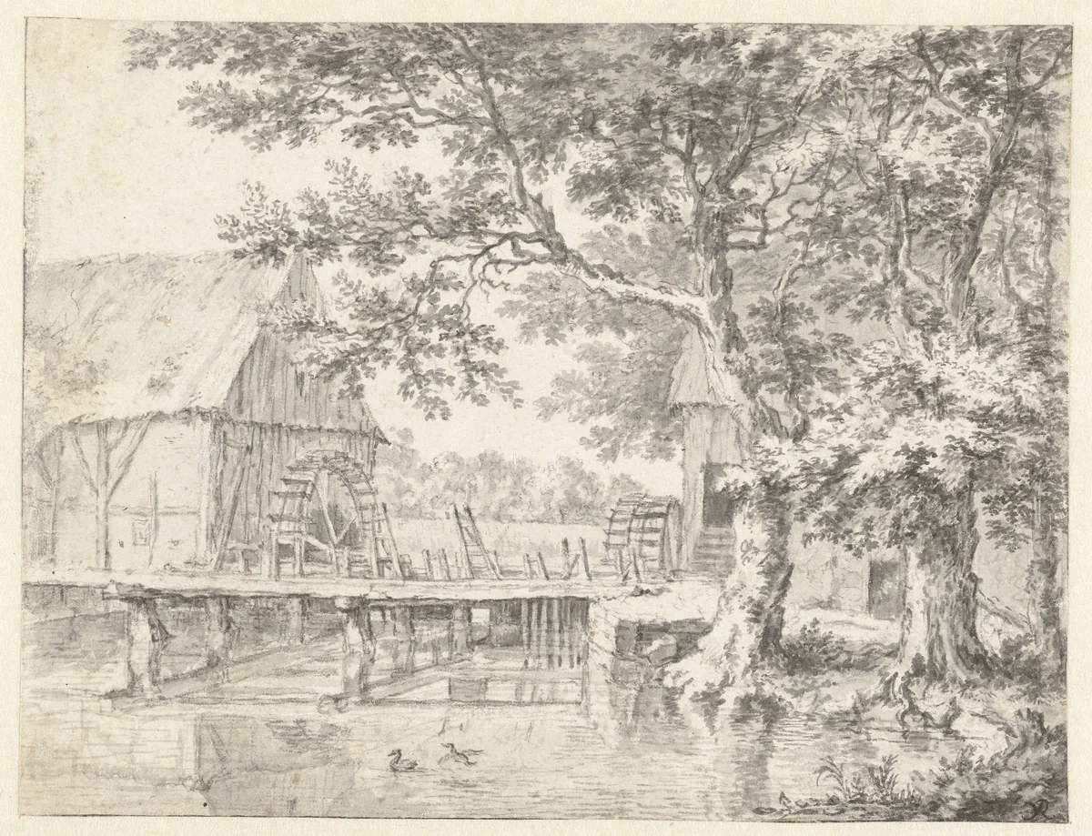 View of Two Watermills Flanking a Sluice by Jacob Isaacksz van Ruisdael, drawing, 1660-1670