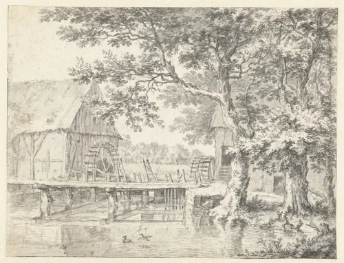 View of Two Watermills Flanking a Sluice by Jacob Isaacksz van Ruisdael, drawing, 1660-1670