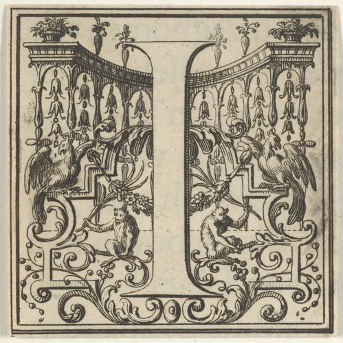 Roman Alphabet letter I with Louis XIV decoration by Bernard Picart, print, 1700-1733